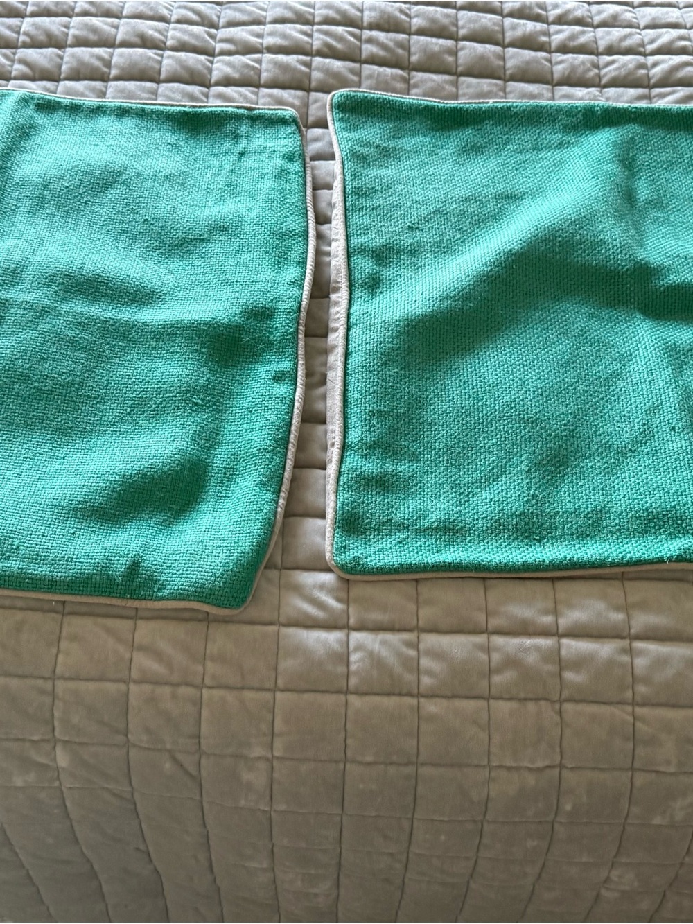 Boutique high end Set of Two Teal green pillow covers 22x22 with Beige Piping